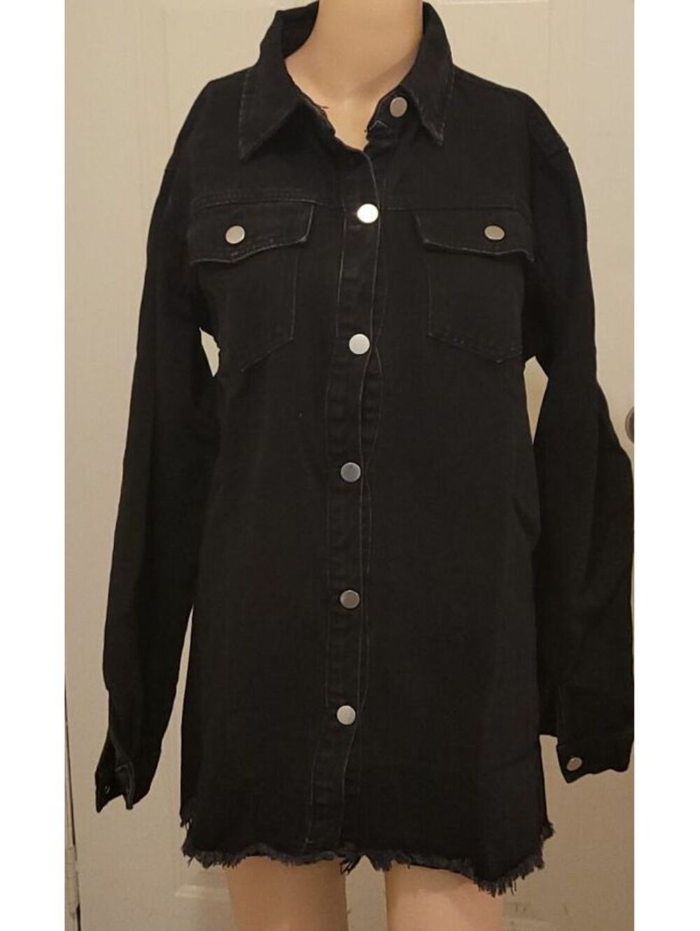 Black oversized denim shacket raw frayed hem buttons Denim Women's Jacket Size L